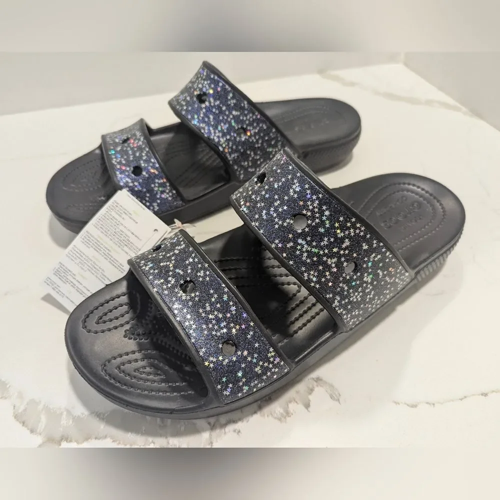 NWT Men's 12 CROCS classic starry glitter star black sandals slides double strap